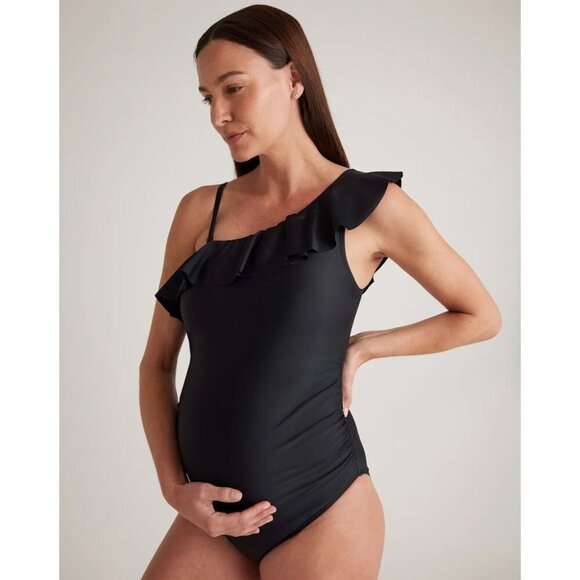 NWT Quince Medium Italian Maternity One Shoulder Ruffle One Piece Swimsuit Black - Picture 2 of 9